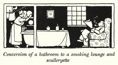 Omvandling av ett badrum till ett rökrum och ett pentry (litho) av William Heath Robinson