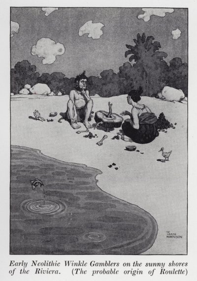 Tidiga neolitiska Winkle Gamblers på Rivierans soliga stränder, Roulettens troliga ursprung (litho) av William Heath Robinson