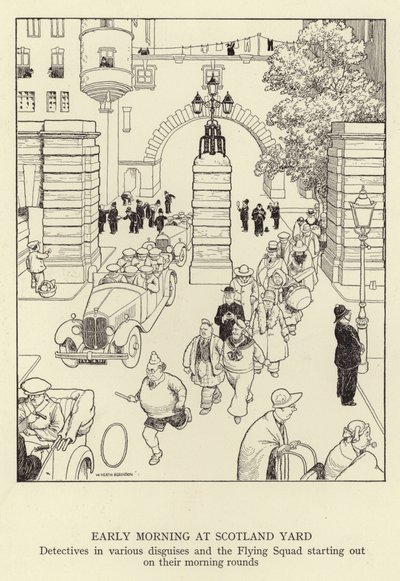 Tidig morgon på Scotland Yard, detektiver i olika förklädnader och Flying Squad som börjar på sina morgonronder av William Heath Robinson