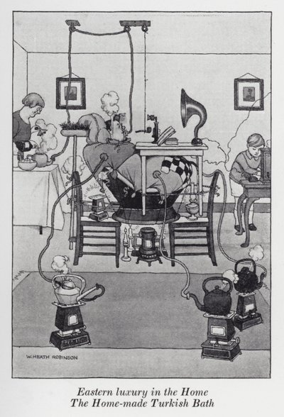 Östlig lyx i hemmet, det hemgjorda turkiska badet (litho) av William Heath Robinson