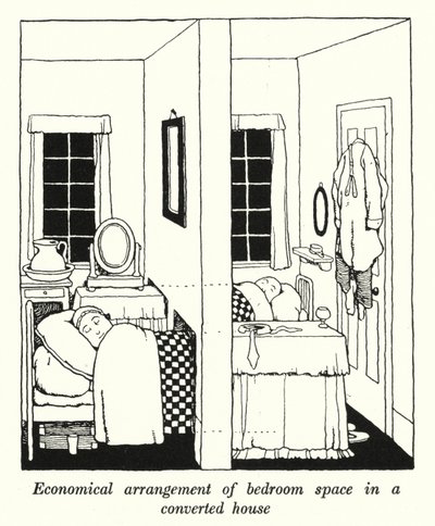 Ekonomiskt arrangemang av sovrumsutrymme i ett ombyggt hus (litho) av William Heath Robinson