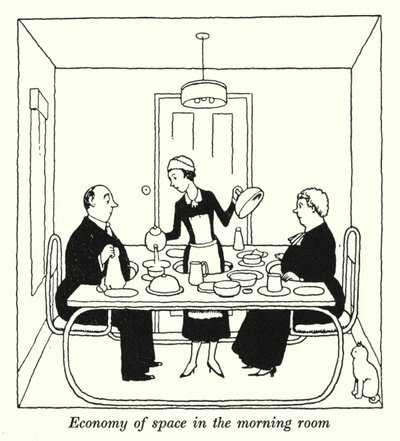 Rymdekonomi i morgonrummet (litho) av William Heath Robinson