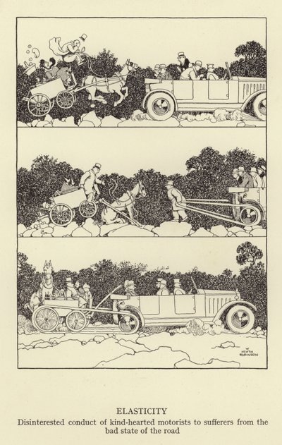 Elasticitet, ointresserade uppförande av godhjärtade bilister till personer som lider av det dåliga tillståndet på vägen av William Heath Robinson