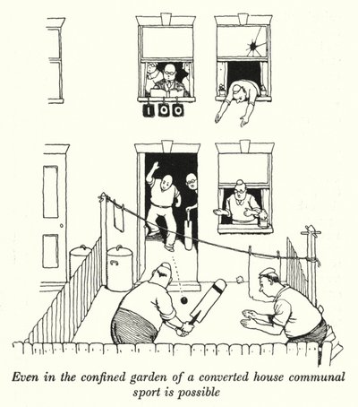 Även i den instängda trädgården i ett ombyggt hus är gemensam sport möjlig (litho) av William Heath Robinson