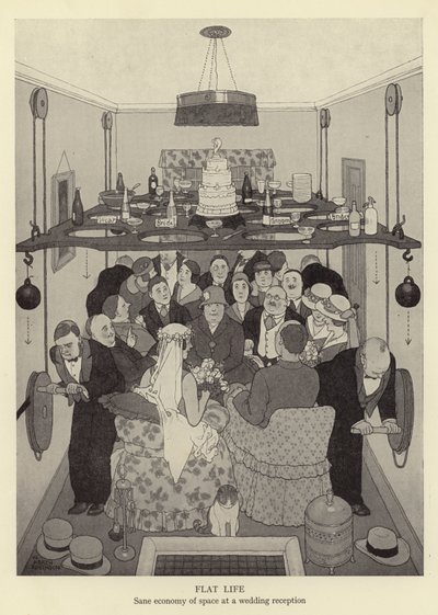 Platt liv, sund ekonomi av utrymme vid en bröllopsmottagning av William Heath Robinson