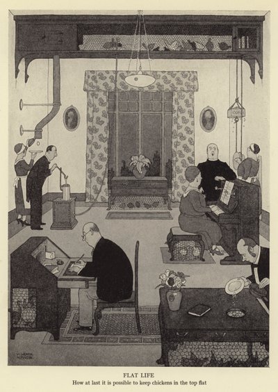 Platt liv, hur det äntligen är möjligt att hålla kycklingar i toppen platt av William Heath Robinson