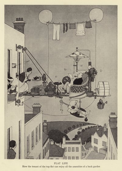 Platt liv, hur hyresgästen i den översta lägenheten kan njuta av alla bekvämligheter i en trädgård av William Heath Robinson