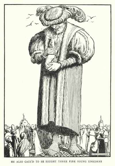 Han kunde också köpas tre fina unga enhörningar (litho) av William Heath Robinson