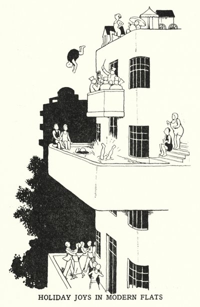 Semesterglädje i moderna lägenheter (litho) av William Heath Robinson