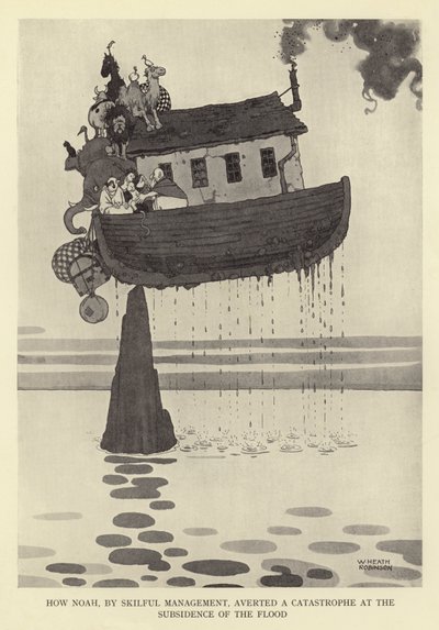 Hur Noa, genom skicklig ledning, avvärjde en katastrof när översvämningen föll av William Heath Robinson