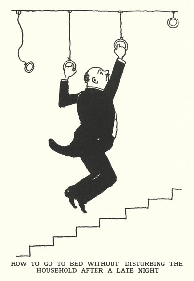 Hur man går och lägger sig utan att störa hushållet efter en sen natt (litho) av William Heath Robinson