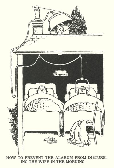 Hur man förhindrar att alarmet stör frun på morgonen (litho) av William Heath Robinson