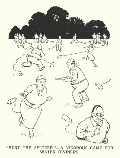 "Hunt the Seltzer", ett kraftfullt spel för vattenspårare (litho) av William Heath Robinson