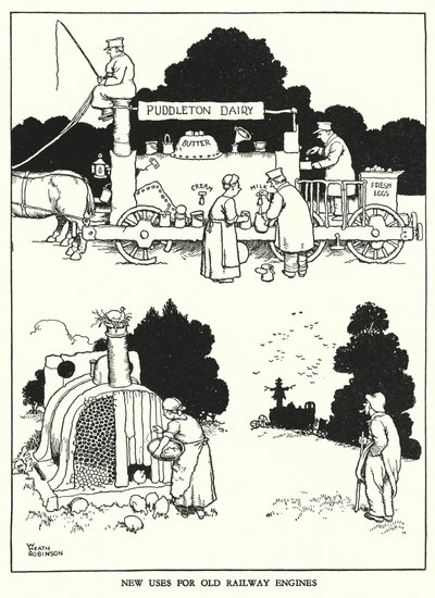 Illustration för Railway Ribaldry av W Heath Robinson (litho) av William Heath Robinson