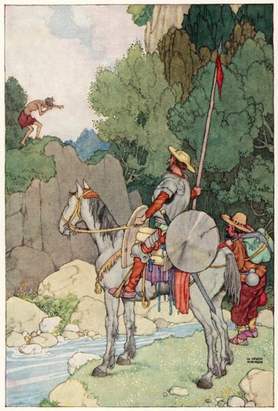 Illustration för The Adventures of Don Quijote (färg litho) av William Heath Robinson
