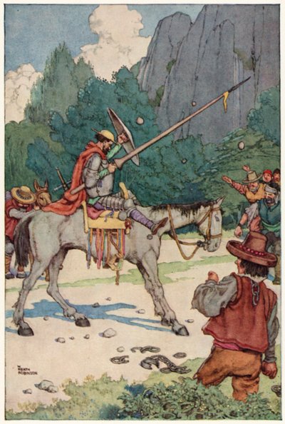 Illustration för The Adventures of Don Quijote (färg litho) av William Heath Robinson