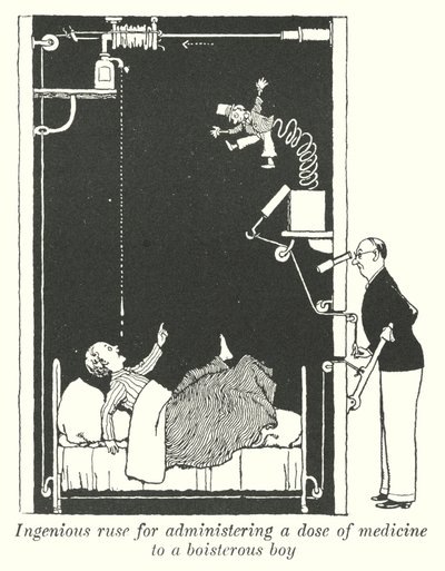 Genialisk list för att ge en dos medicin till en bullrig pojke (litho) av William Heath Robinson