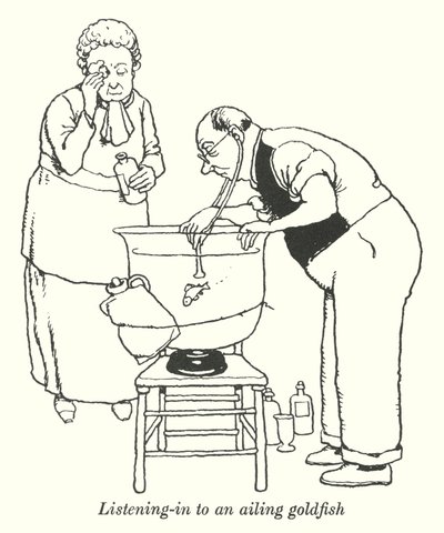Lyssnar in på en sjuk guldfisk (litho) av William Heath Robinson