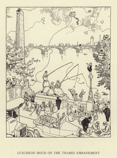 Lunchtimme på Themsen Embankment av William Heath Robinson