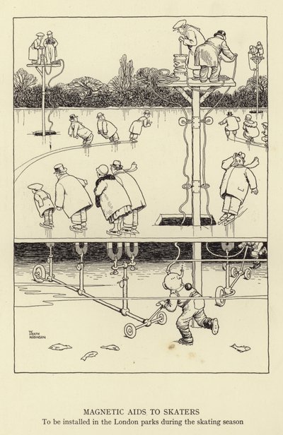 Magnetiska hjälpmedel för skridskoåkare som ska installeras i Londons parker under skridskosäsongen. av William Heath Robinson