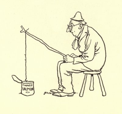 Man som fiskar efter konserverad lax av William Heath Robinson