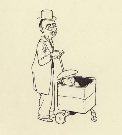 En man som knuffar en pojke i en låda av William Heath Robinson