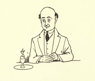Man överraskad av fågel i hans morgonägg av William Heath Robinson