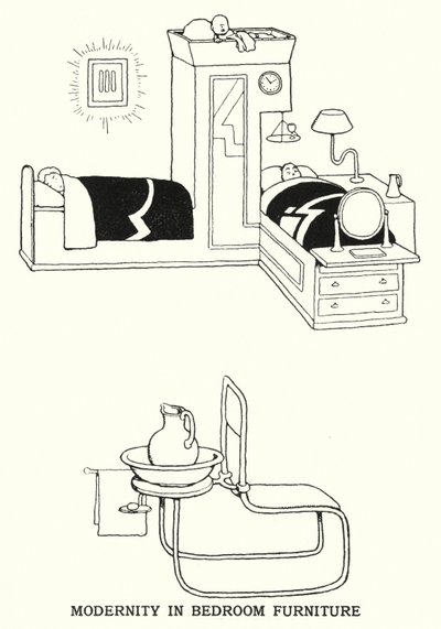 Modernitet i sovrumsmöbler (litho) av William Heath Robinson