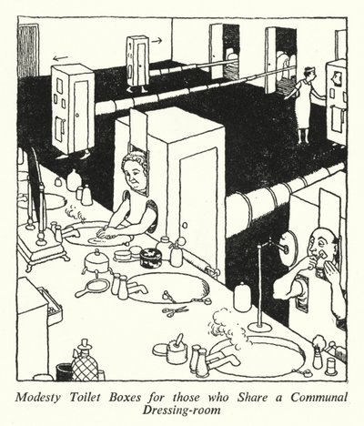 Modesty Toalettboxar för de som delar ett gemensamt omklädningsrum (litho) av William Heath Robinson
