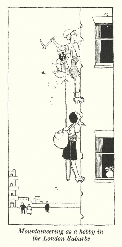 Bergsbestigning som hobby i Londons förorter (litho) av William Heath Robinson