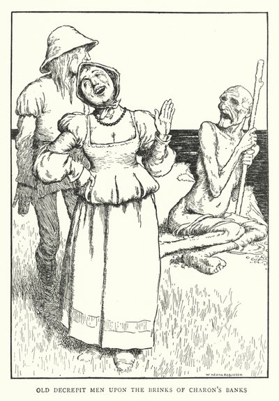 Gamla förfallna män på randen av Charons banker (litho) av William Heath Robinson
