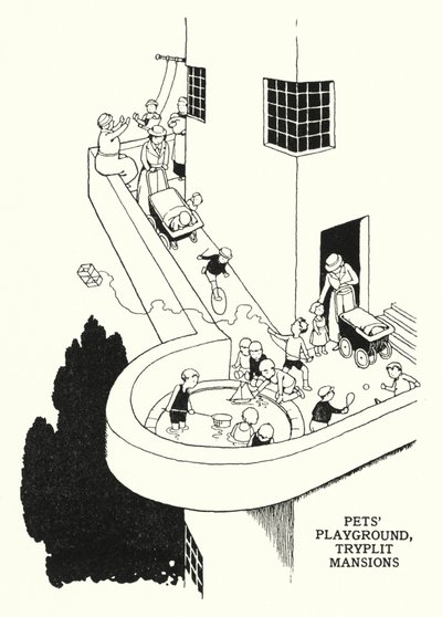 Lekplats för husdjur, Tryplit Mansions (litho) av William Heath Robinson