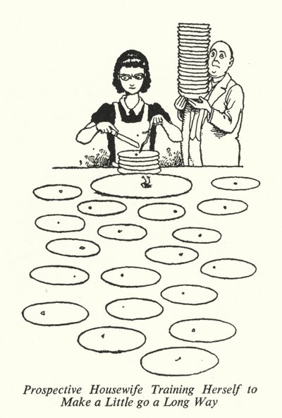 Blivande hemmafru tränar sig själv för att få lite att gå långt (litho) av William Heath Robinson