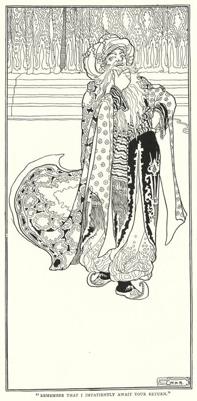 "Kom ihåg att jag otåligt väntar på din återkomst" (gravyr) av William Heath Robinson
