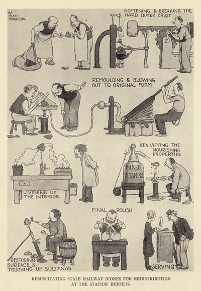 Återupplivning av inaktuella järnvägsscones för omfördelning vid stationsbufféerna av William Heath Robinson