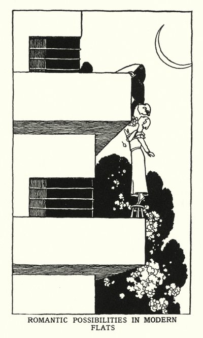 Romantiska möjligheter i moderna lägenheter (litho) av William Heath Robinson