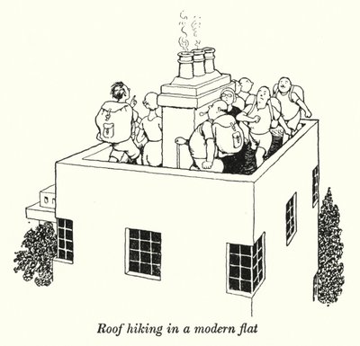 Takvandring i en modern lägenhet (litho) av William Heath Robinson