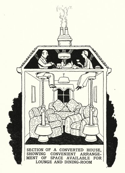 Sektion av ett ombyggt hus, som visar bekvämt arrangemang av tillgängligt utrymme för lounge och matsal (litho) av William Heath Robinson