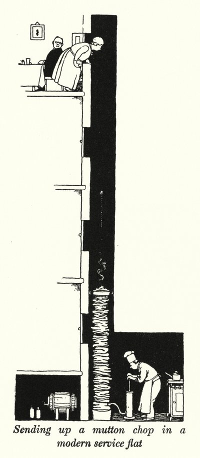 Skickar upp en fårkotlett i en modern servicelägenhet (litho) av William Heath Robinson
