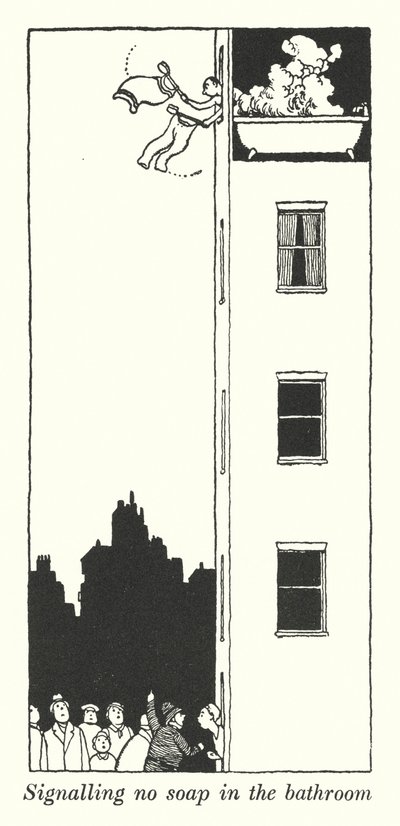 Signalerar ingen tvål i badrummet (litho) av William Heath Robinson