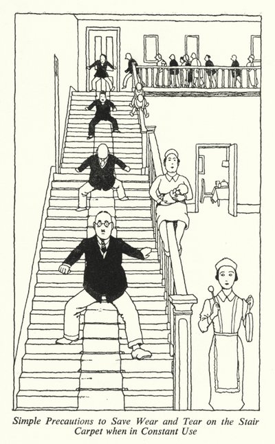 Enkla försiktighetsåtgärder för att spara slitage på trappmattan vid konstant användning (litho) av William Heath Robinson