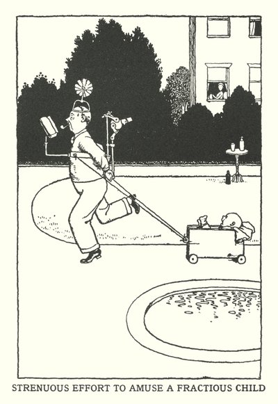 Ansträngande försök att roa ett bräckligt barn (litho) av William Heath Robinson