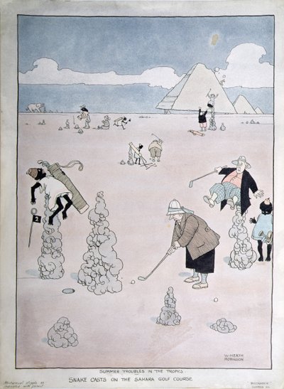 Summer Troubles in the Tropics - Snake Casts on the Sahara Golf Course (penna, bläck och akvarell) av William Heath Robinson