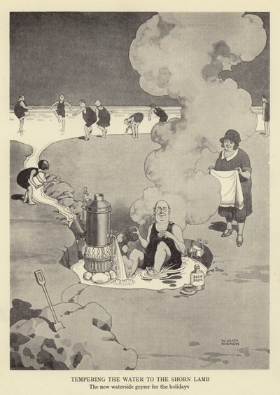 Temperering av vattnet till det klippta lammet, den nya gejsern vid vattnet för semestern av William Heath Robinson