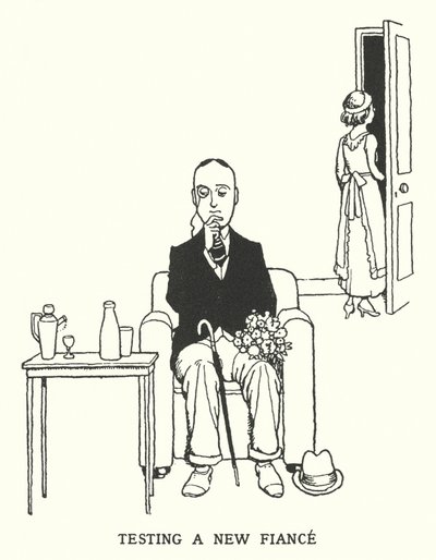 Testar en ny fästman (litho) av William Heath Robinson
