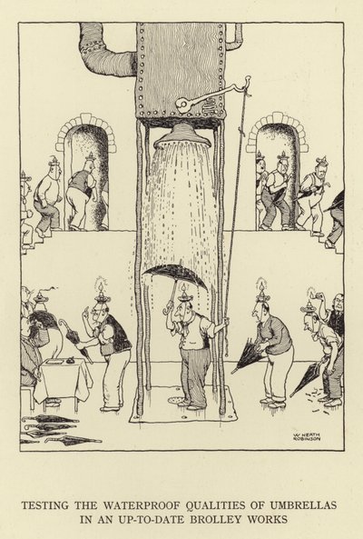 Testning av paraplyers vattentäthet i ett modernt Brolley Works av William Heath Robinson