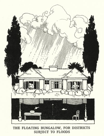 Den flytande bungalowen, för distrikt som är utsatta för översvämningar (litho) av William Heath Robinson