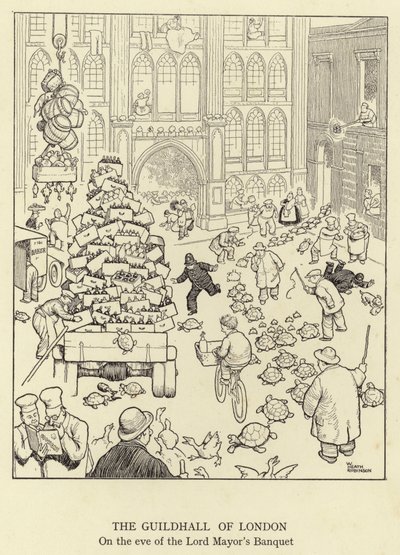 Guildhall i London, kvällen före borgmästarens bankett. av William Heath Robinson