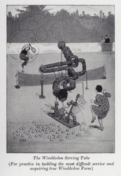 Wimbledon Serving Tube, för övning i att ta itu med den svåraste tjänsten och skaffa äkta Wimbledon Form (litho) av William Heath Robinson