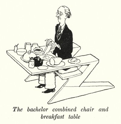 Ungkarlen kombinerad stol och frukostbord (litho) av William Heath Robinson
